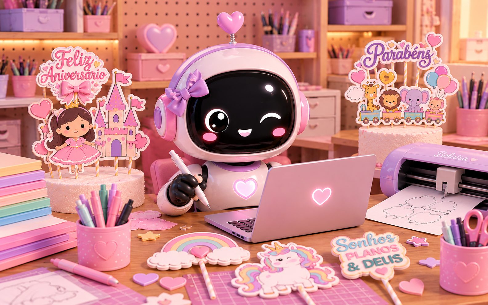 Belaisa, a designer de topo de bolo por IA, criando artes de topo de bolo personalizadas